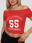 back view of model wearing Princess Polly Serendipia Off The Shoulder Graphic Top Red Short Sleeves straight 