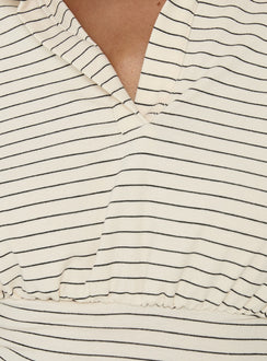 Raezer Cinched Polo Langarm-Top Creme gestreift