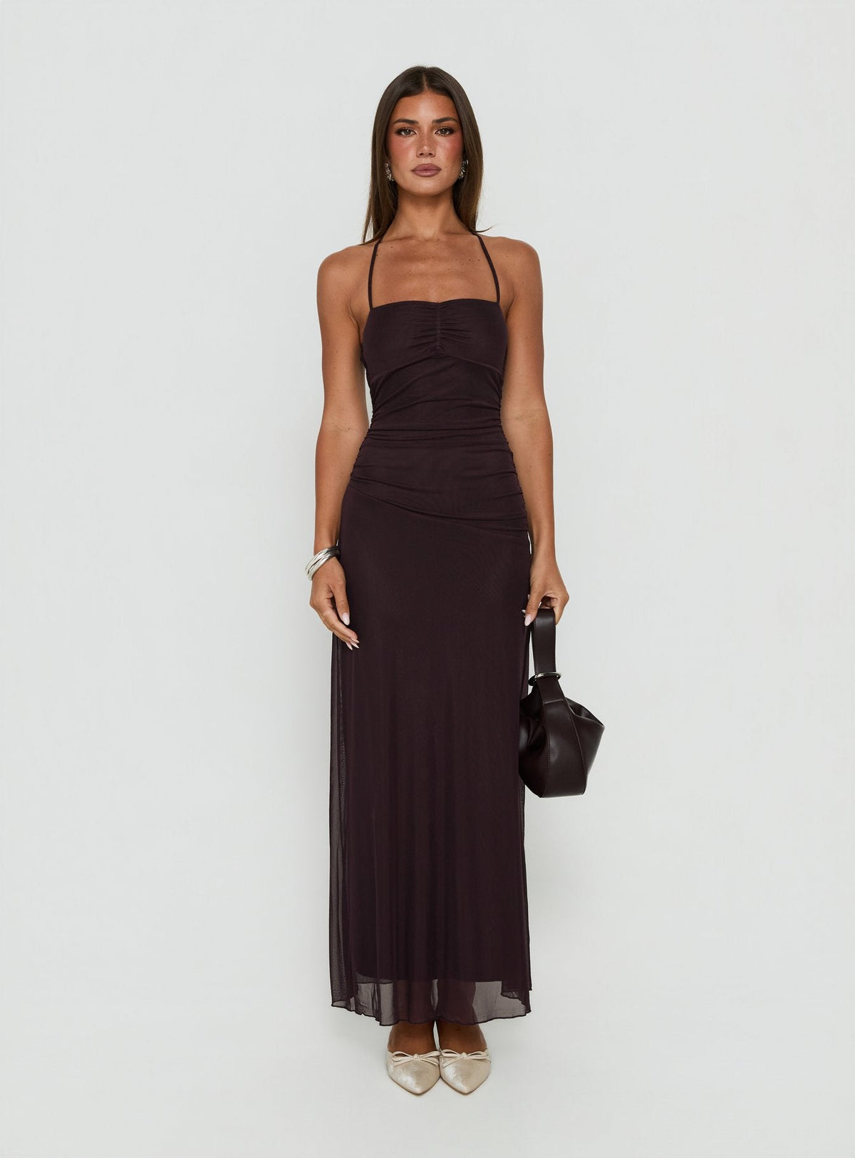 Adriannah Halter Ruched Maxi Dress Plum