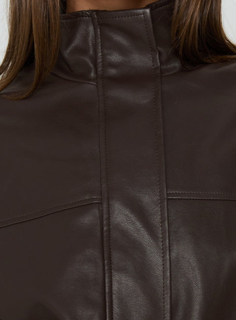 Dialtone Funnel Neck Faux Leather Jacket Washed Brown