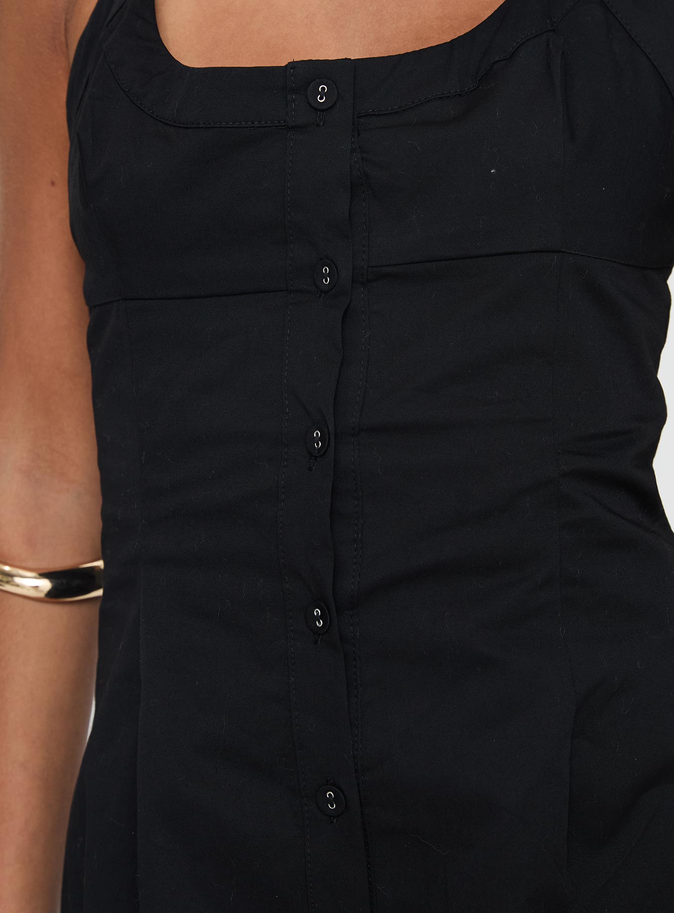 front view of model wearing Princess Polly Mallorie Halter Mini Dress Black Scoop Neck 