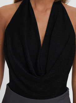 back view of model wearing Princess Polly Feel The Rush Plunge Neck Bodysuit Black Sleeveless 