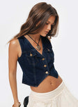 Front view of model wearing  front Princess Polly Sleeveless V-Neck  Fyka Vest Top Denim