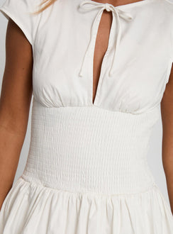 back view of model wearing Princess Polly Ladybug Mini Dress White High Neck Square Neck 