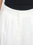 White Linen pants button fastening, subtle pleats at waist, twin hip pockets, wide leg