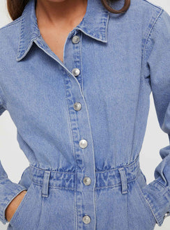 Denim romper Classic collar, button fastening, four pocket design, belt loops at waist