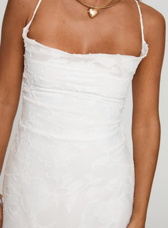 back view of model wearing Princess Polly Celena Burnout Mini Dress White / Floral Cowl Neck 