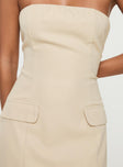 Beige Strapless mini dress Inner silicone strip at bust, twin faux pockets, invisible zip fastening