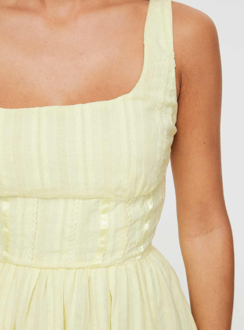 Front view of model wearing  front Princess Polly Square Neck  Lorinda Mini Dress Yellow