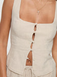 side view of model wearing Princess Polly Zenda Linen Blend Top Beige Sleeveless Square Neck 