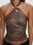 front view of model wearing Princess Polly Treat You Better Ring Detail Faux Leather Top Brown Sleeveless Asymmetric Neckline 