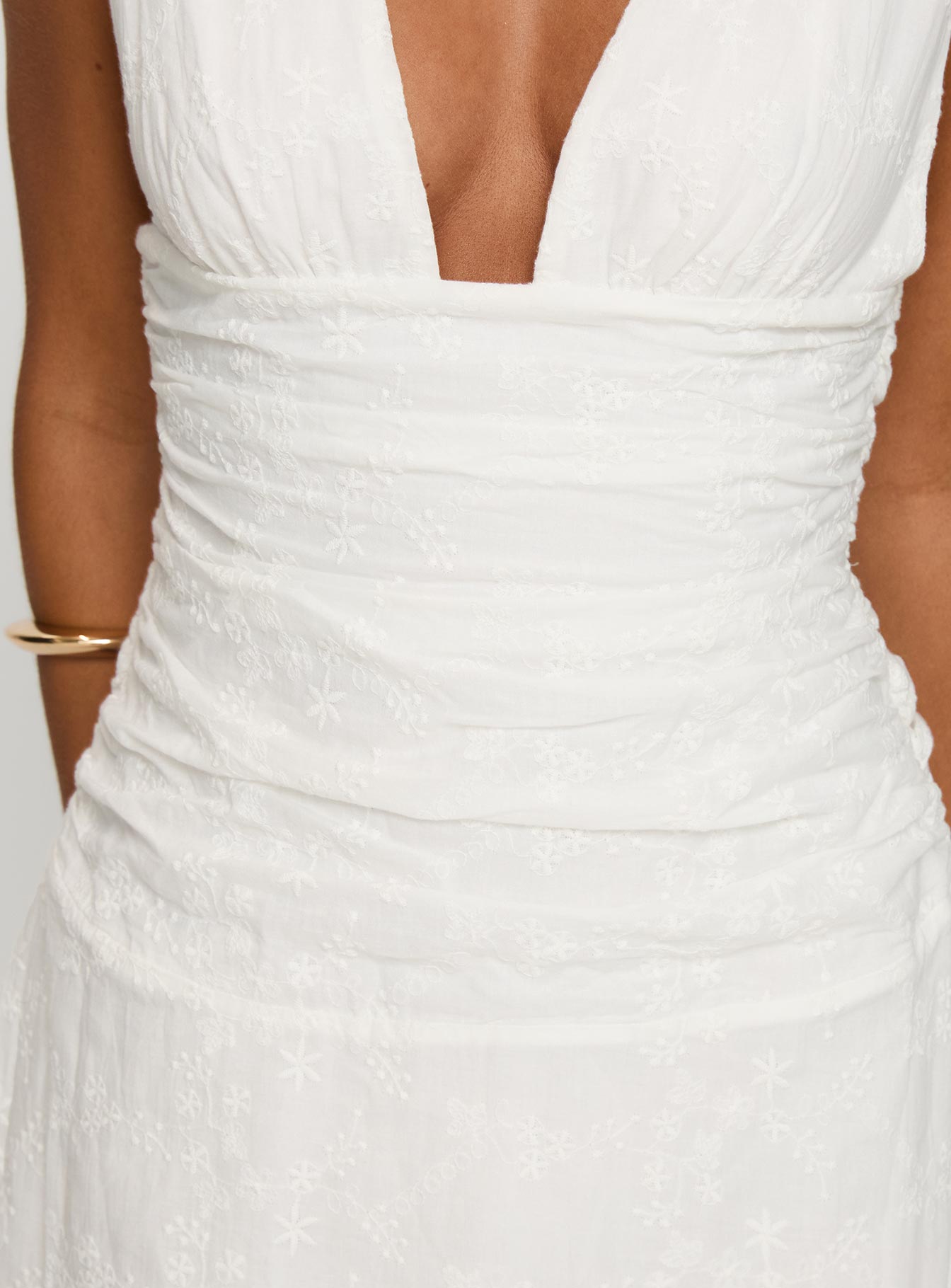 front view of model wearing Princess Polly Everelle Ruched Embroidered Mini Dress White Plunger 