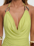 front view of model wearing Princess Polly Rhaenyra Halter Maxi Dress Green Plunger 