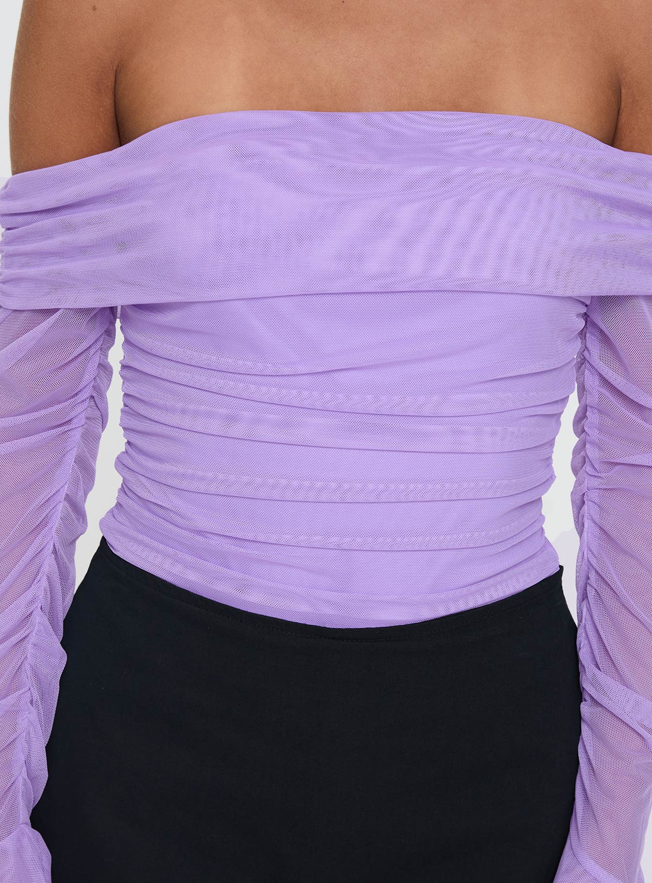 back view of model wearing Princess Polly Feel A Way Off Shoulder Bodysuit Lilac Long Sleeve Tops 
