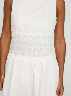 front view of model wearing Princess Polly Yennifer Shirred Broiderie Mini Dress White Crew Neck 