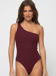 front view of model wearing Princess Polly Rueful Bodysuit Burgundy Sleeveless Asymmetric Neckline 