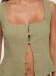 back view of model wearing Princess Polly Zenda Linen Blend Top Olive Sleeveless Square Neck 