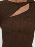 back view of model wearing Princess Polly Realyze Cut Out Top Brown Sleeveless Crew Neck 