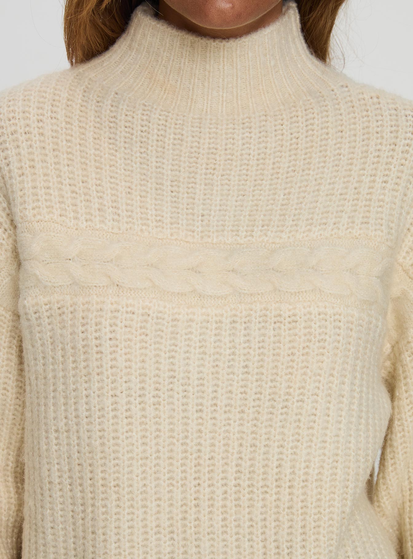back view of model wearing Princess Polly Wistfully Funnel Neck Knit Sweater Cream Long 