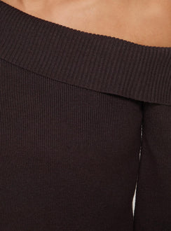 product Princess Polly Sina Off The Shoulder Top Chocolate Full Sleeves Asymmetric Neckline 