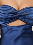 back view of model wearing Princess Polly Faviola Strapless Maxi Dress Blue Sweetheart Neckline 