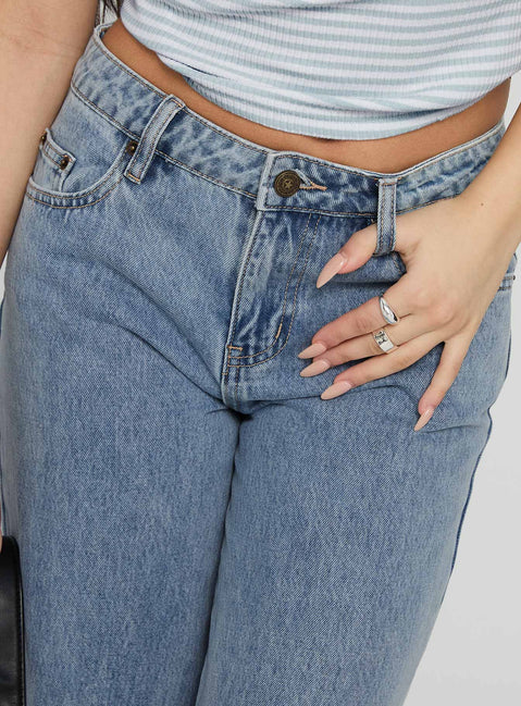 back view of model wearing Princess Polly Kadison Low Rise Straight Leg Jeans Mid Wash Blue Low Rise Jeans 