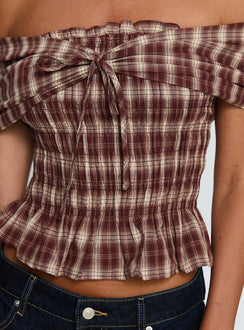 Avalynn Off Shoulder Shirred Top Brown Check