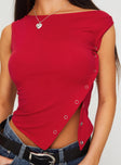 back view of model wearing Princess Polly Karre Off The Shoulder Top Red Short Sleeves Boat Neck 