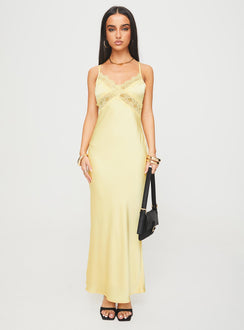 front view of model wearing Princess Polly Treasure Bias Cut Maxi Dress Lemon V-Neck 