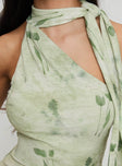 back view of model wearing Princess Polly Anderstone Neck Tie Top Green Sleeveless Asymmetric Neckline 