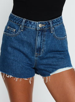 Top Tier Mid Rise Denim Shorts Mid Blue Wash