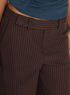 back view of model wearing Princess Polly Lustre Wide Leg Pant Brown Pinstripe Low Rise Pants 