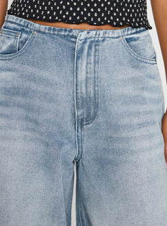 back view of model wearing Princess Polly Bowe Wide Leg Jeans Blue High Waisted 