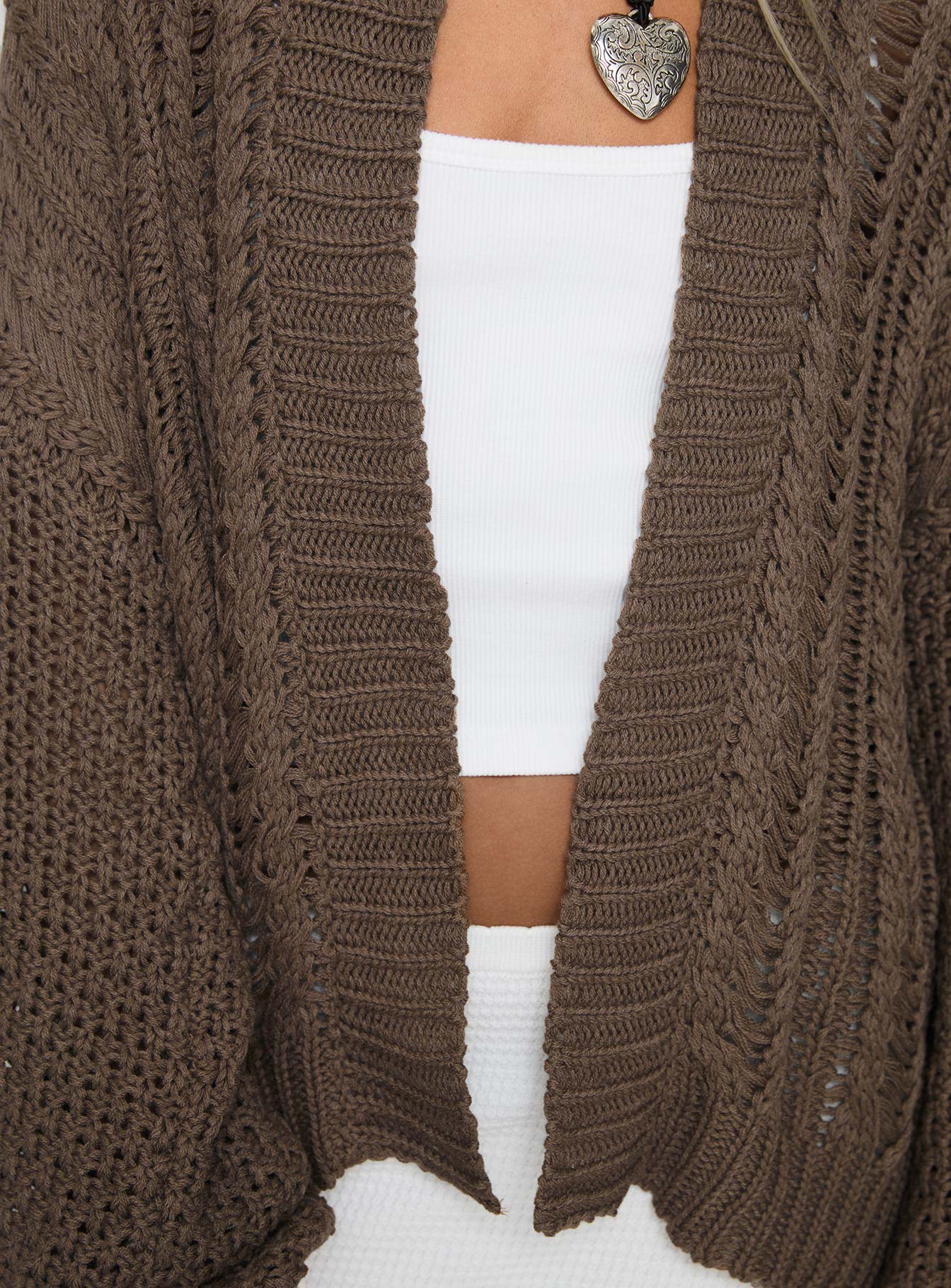 Cable knit cardigan, drop shoulder Good stretch, unlined Princess Polly Lower Impact 