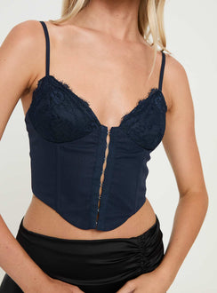 back view of model wearing Princess Polly Palisade Corset Top Navy Sleeveless Sweetheart 