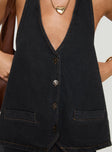 Denim halter top V-neckline, twin front pockets, button fastening at front, tie fastening at halter & back  Non-stretch, partially lined 