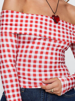 front view of model wearing Princess Polly Singular Off The Shoulder Long Sleeve Top Red Check Full Sleeves straight 