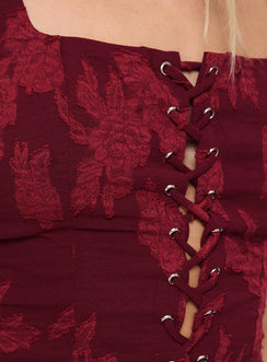 back view of model wearing Princess Polly Vincenzo Corset Top Red Sleeveless Square Neck 