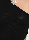 Black One shoulder top Mesh material, open back with tie fastening, asymmetric hem