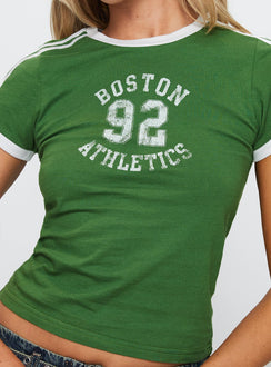 back view of model wearing Princess Polly Boston Athletics Top Green Short Sleeves Crew Neck 