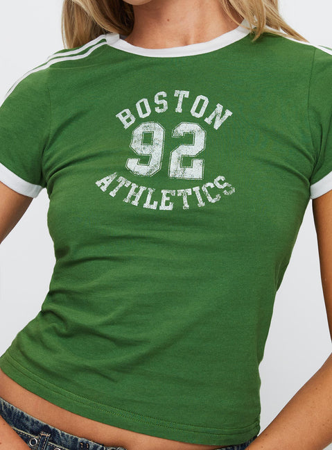 back view of model wearing Princess Polly Boston Athletics Top Green Short Sleeves Crew Neck 