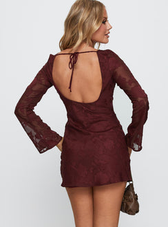 back view of model wearing Princess Polly Jadee Long Sleeve Mini Dress Burgundy Floral Crew Neck 