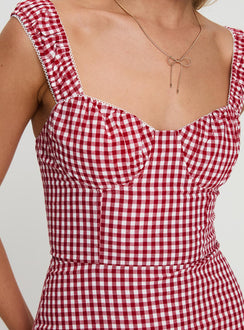 back view of model wearing Princess Polly Faubert Mini Dress Red Gingham Petite Sweetheart Neckline 