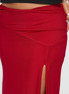 back view of model wearing Princess Polly Quancita Mesh Maxi Skirt Red Maxi 