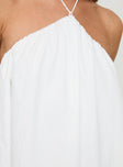 front view of model wearing Princess Polly Peaco Halter Mini Dress White Asymmetric Neckline 