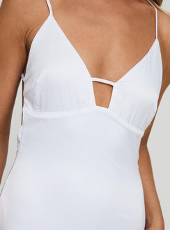 side view of model wearing Princess Polly Atheria Maxi Dress White Plunger 