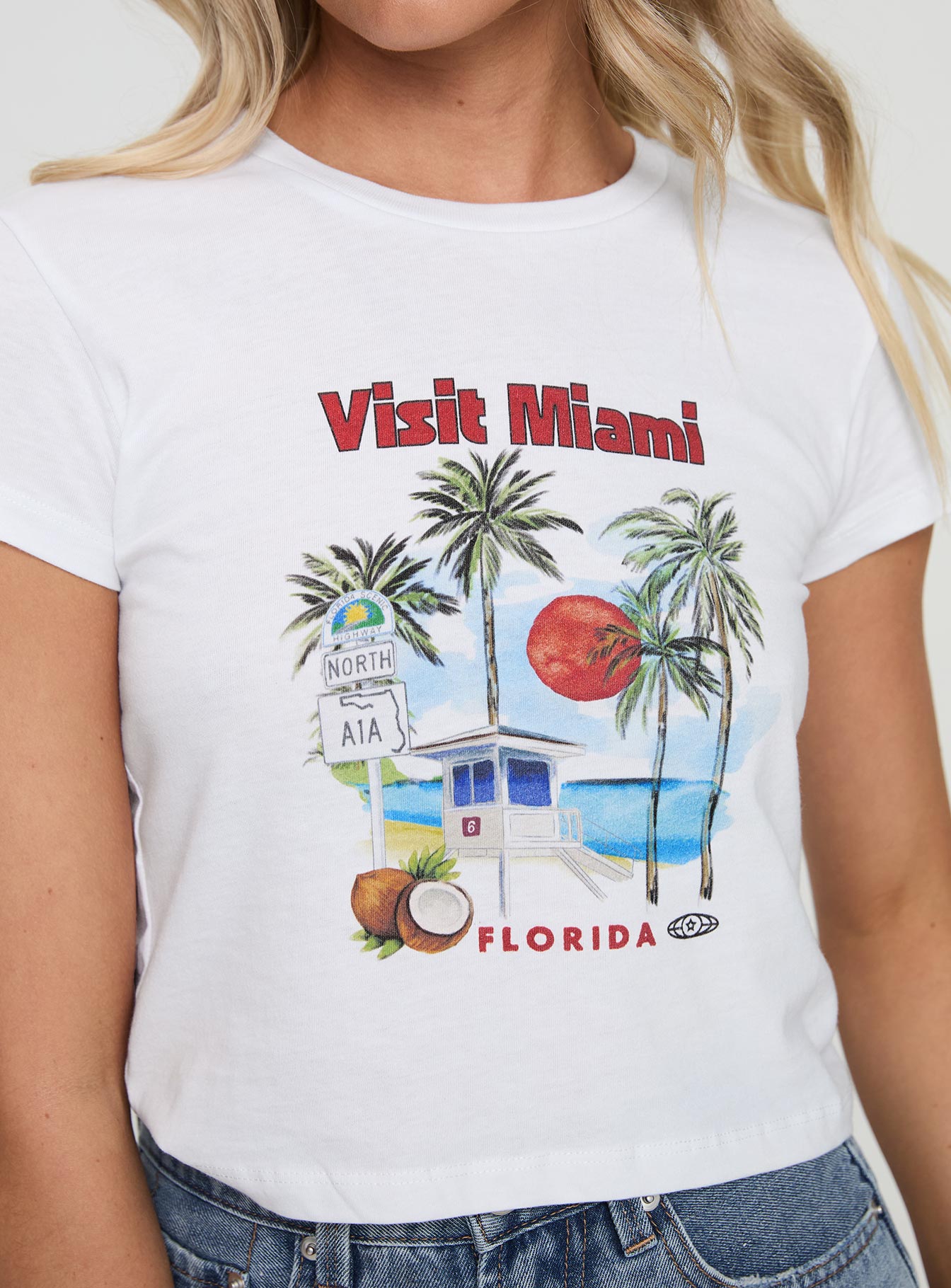 back view of model wearing Princess Polly Visit Miami Graphic Tee White Short Sleeves Crew Neck 