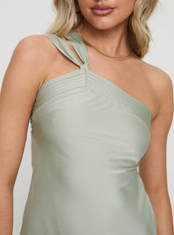 front view of model wearing Princess Polly Marziani Mini Dress Sage Asymmetric Neckline 