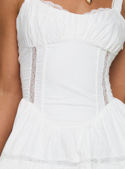 back view of model wearing Princess Polly Cuppa Mini Dress White Sweetheart Neckline 