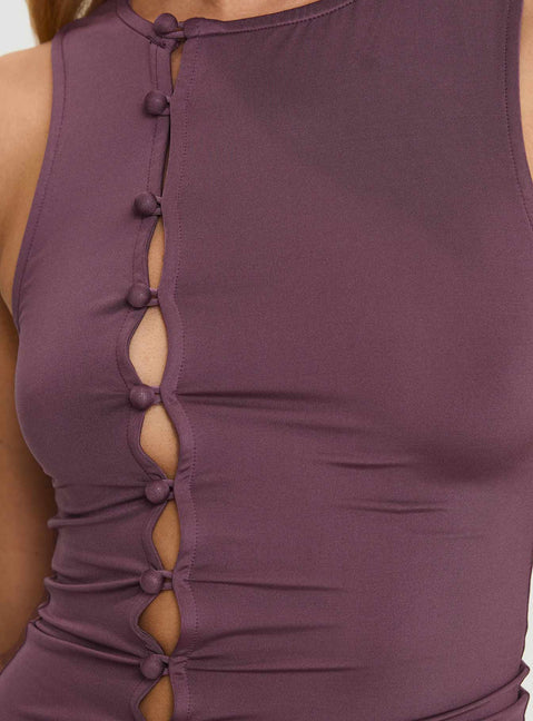 back view of model wearing Princess Polly Shanton Top Purple Sleeveless Crew Neck 